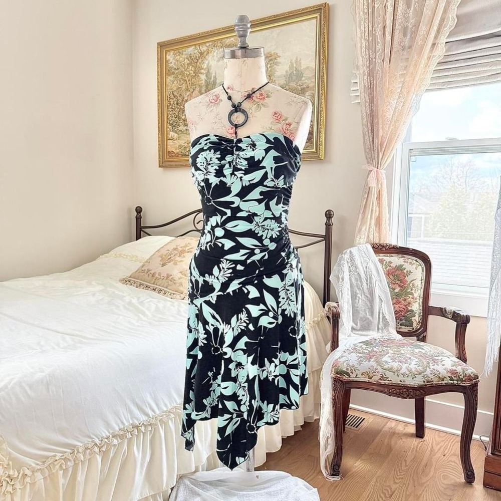 Y2K‎ love tease black blue floral strapless dress size medium